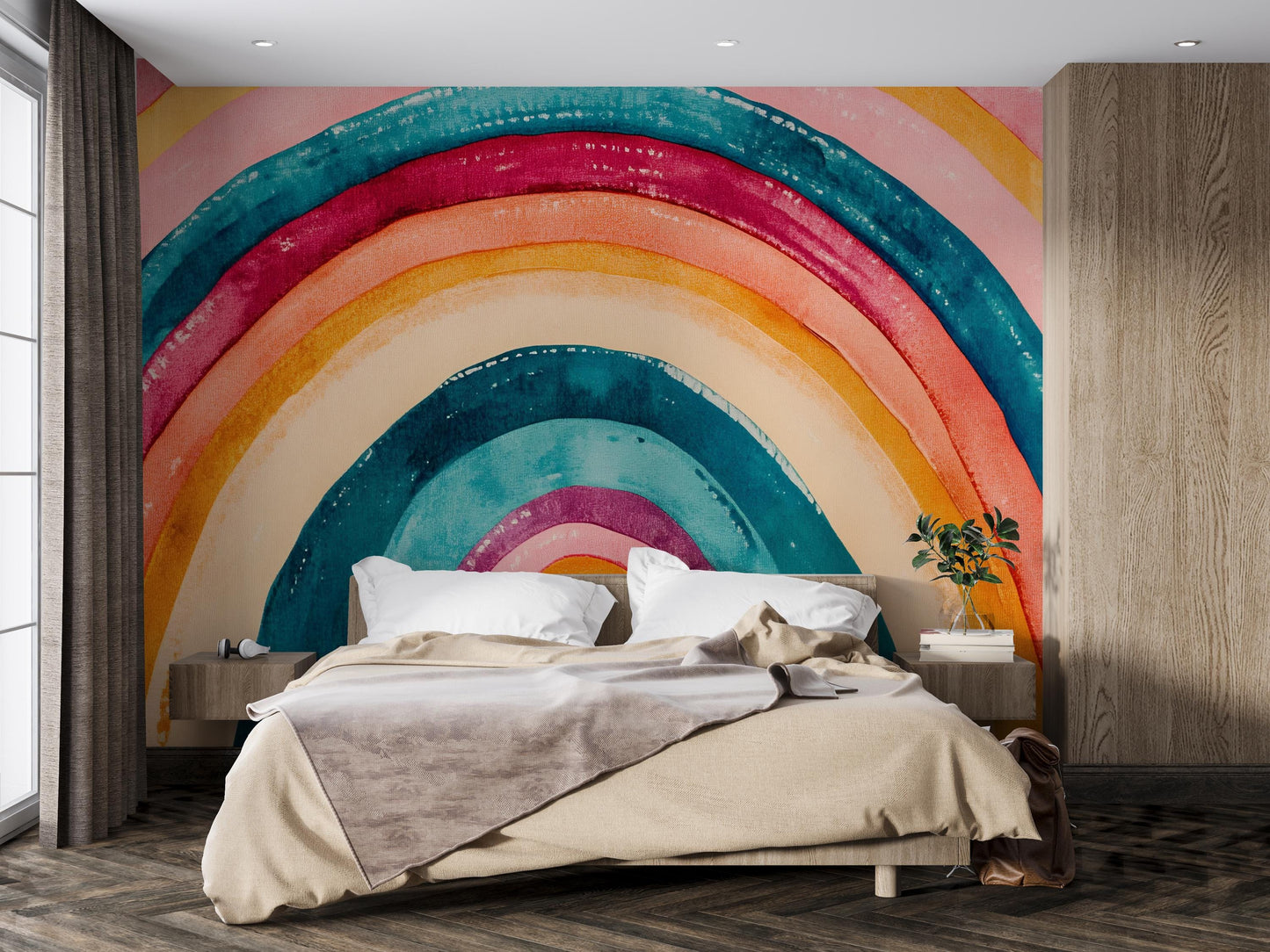 Colorful Watercolor Rainbow Wall Mural – Modern Geometric Bedroom Accent – Peel and Stick or Traditional Wallpaper Vn397
