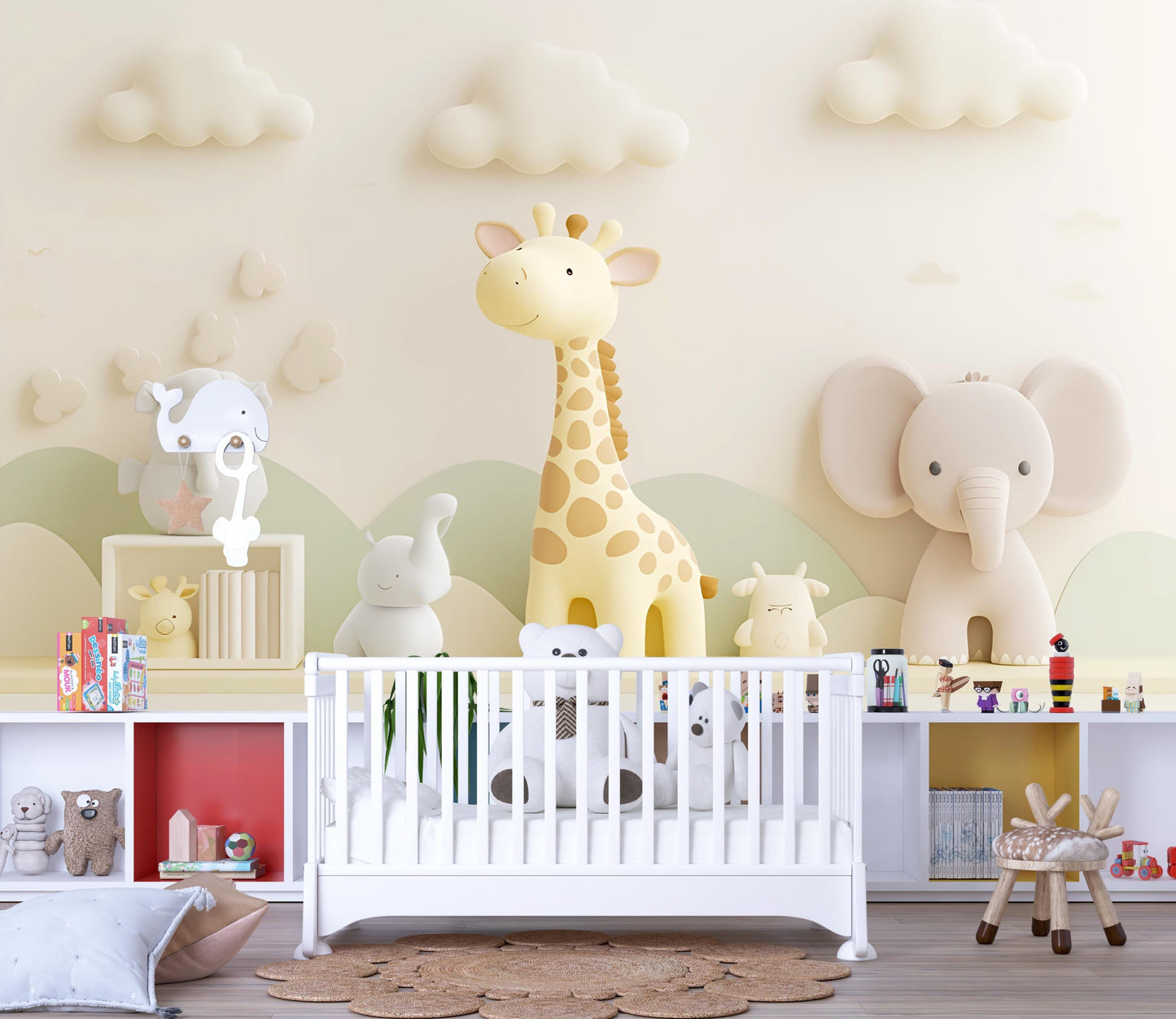 Soft Safari Nursery Wall Art | Giraffe Elephant Jungle Animals Decor | 3D Baby Room Mural | Gender Neutral Nursery Print Vn425