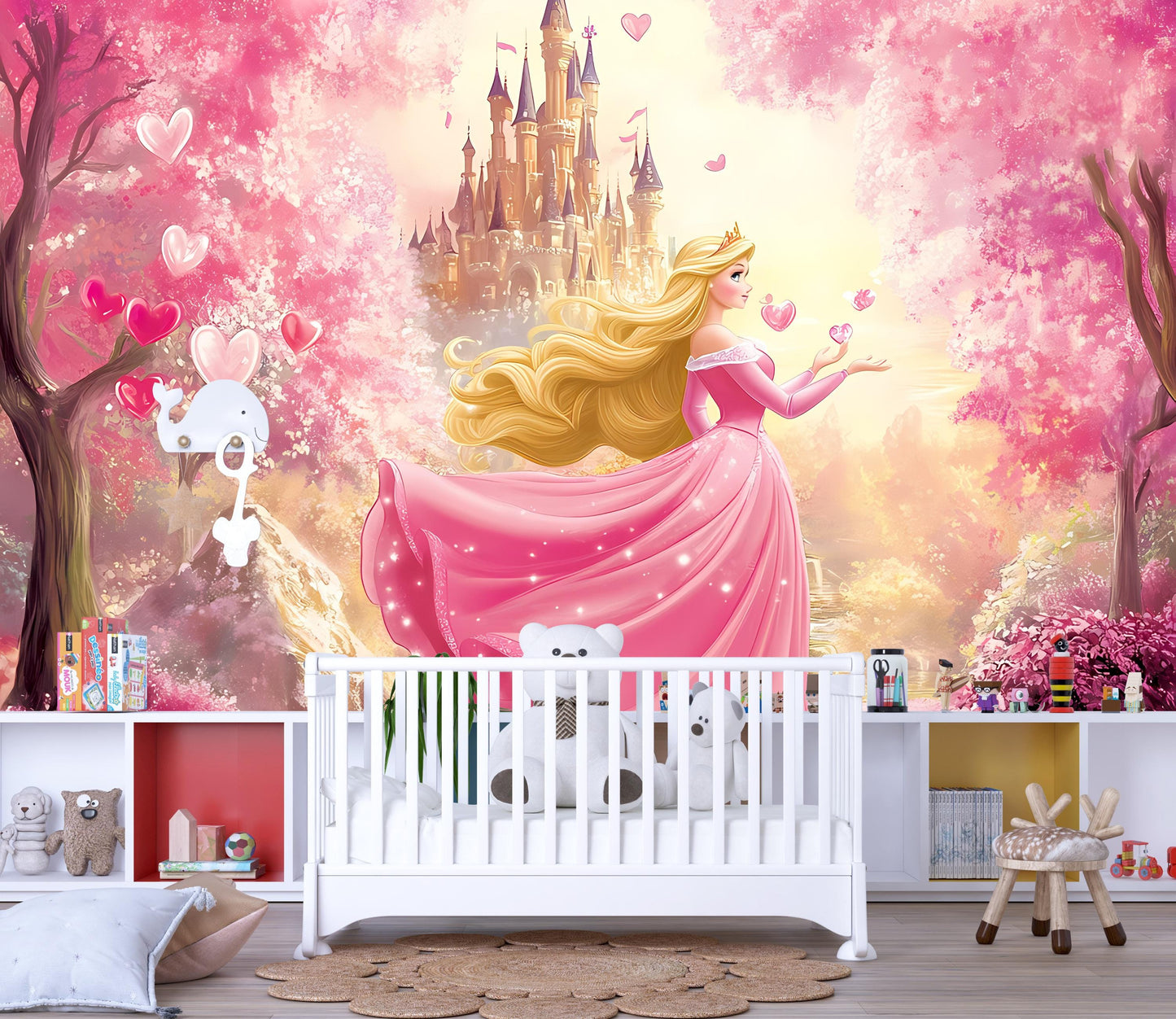 Princess Castle Wall Mural – Pink Fantasy Fairy Tale Wallpaper for Kids Room, Girls Bedroom Decor Vn093