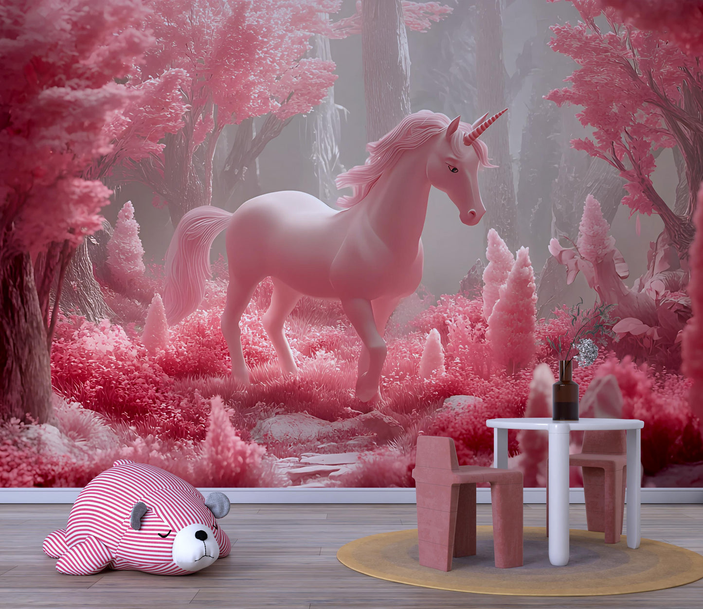 Pink Unicorn Nursery Wall Mural – Fantasy Forest Wallpaper for Baby Girl Room, Magical Pastel Woodland Décor Vn 303