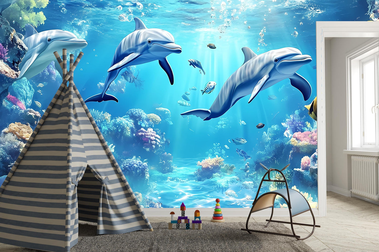 Underwater Ocean Dolphin Wall Mural – 3D Sea Life Wallpaper for Kids Bedroom or Beach House – Coral Reef Marine Theme Décor Vn011
