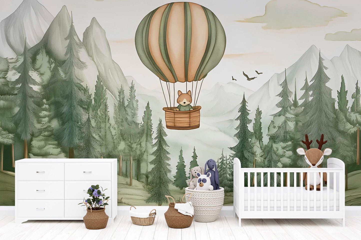 Whimsical Forest Hot Air Balloon Wall Mural – Woodland Animal Nursery Wallpaper – Cute Scenic Kids Room Décor Vn445