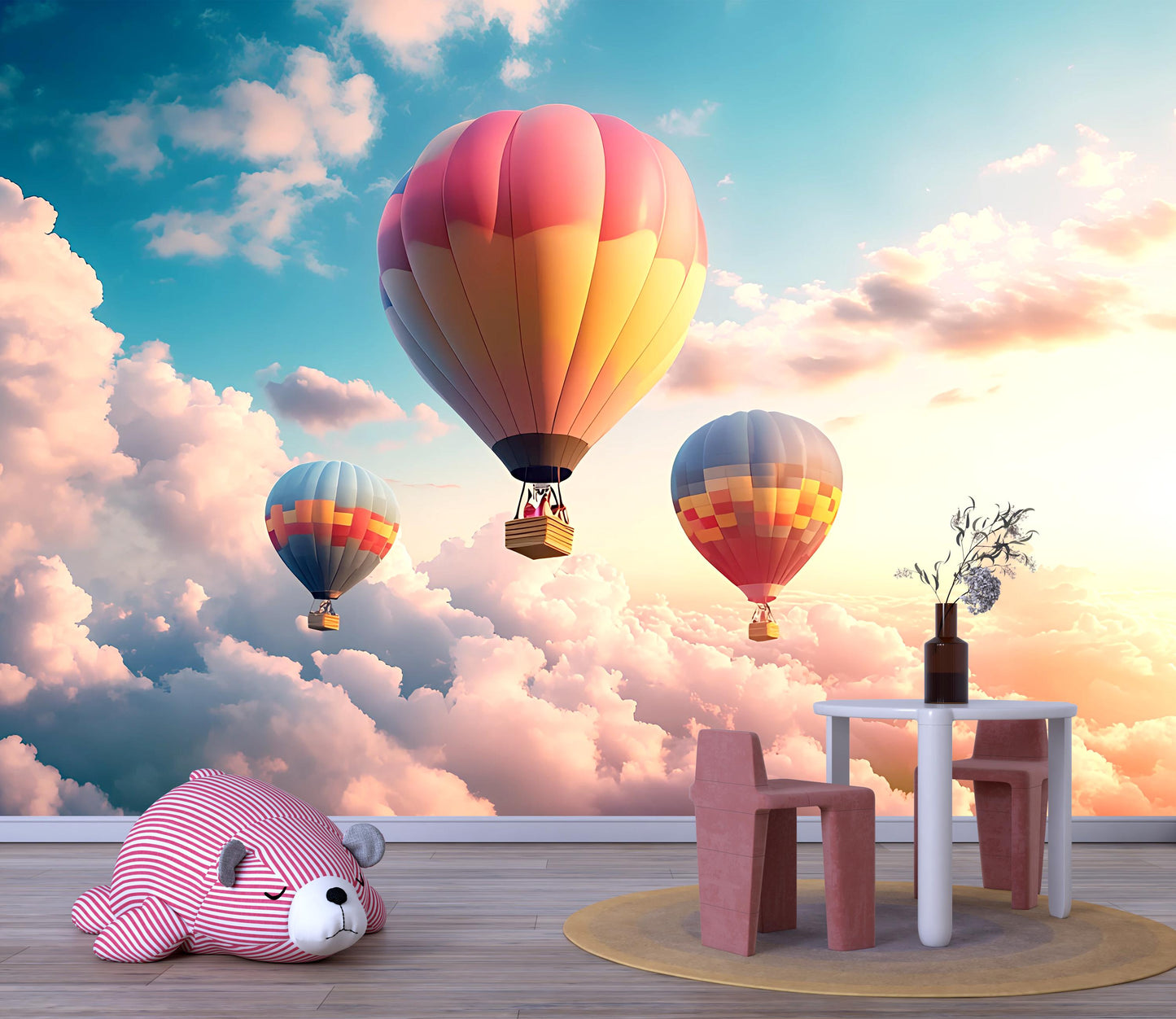 Hot Air Balloon Wall Mural for Kids Room – Dreamy Sky Nursery Wallpaper – Whimsical Cloud Backdrop – Baby Room Wall Decor Vn258