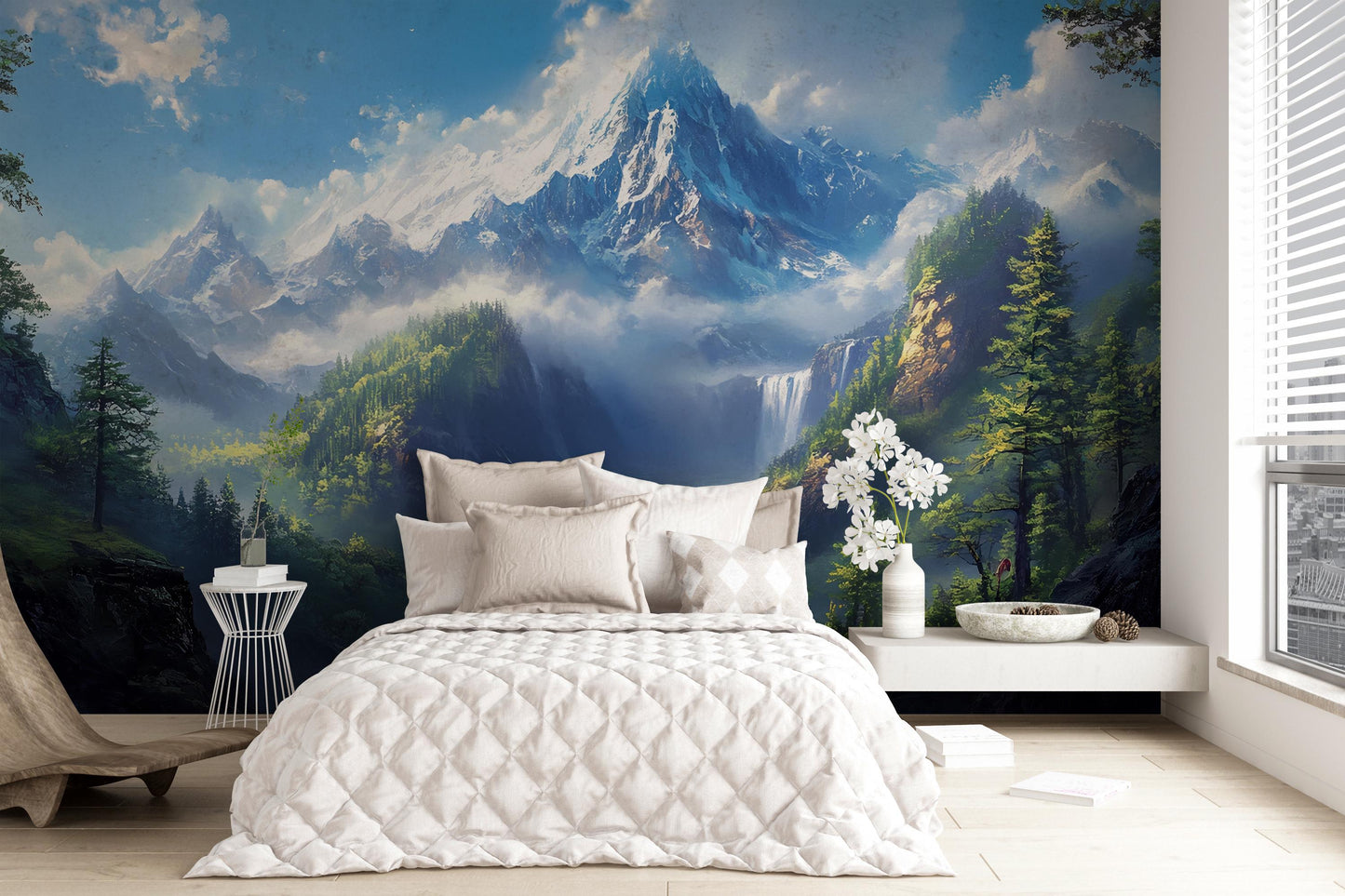 Mountain View Wall Mural | Scenic Nature Bedroom Wallpaper | Snowy Peak Forest Landscape | Large Photo Wall Art Decor Vn251