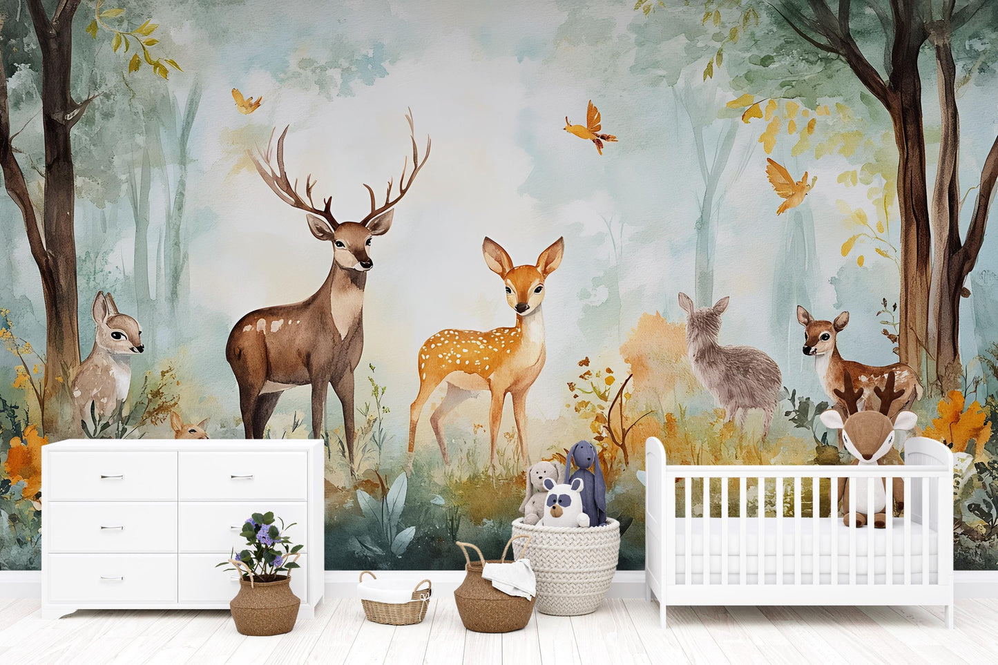 Woodland Deer Wall Mural for Kids Room – Forest Animal Nursery Wallpaper – Removable Jungle Nature Theme Décor Vn339