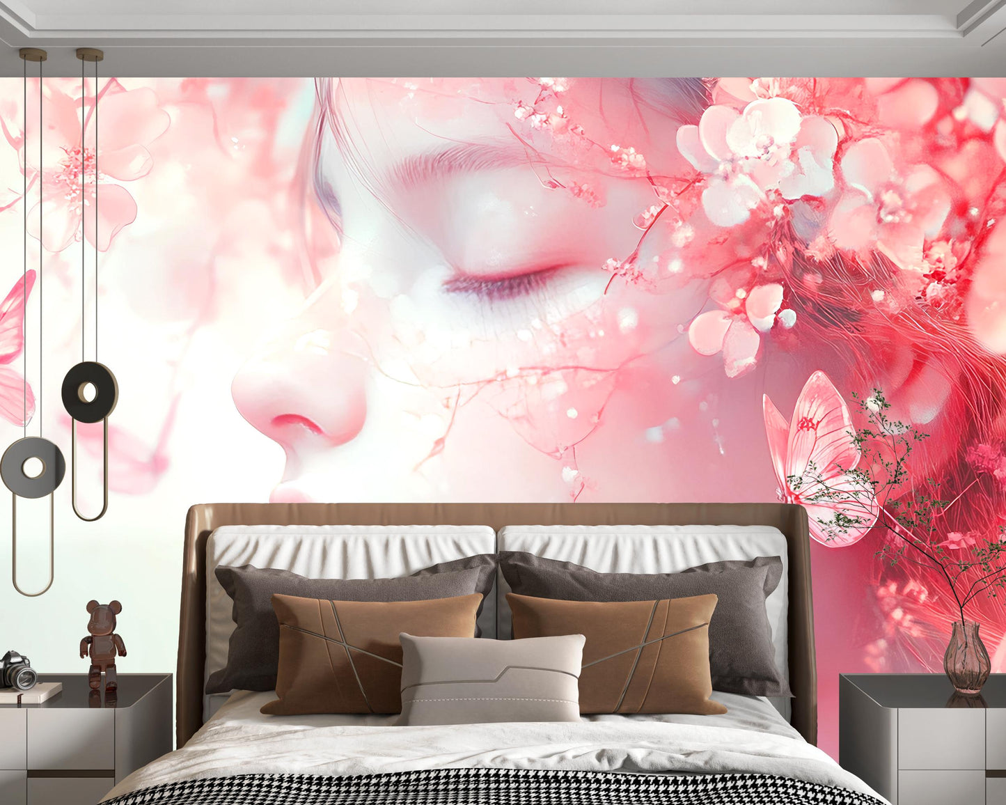Dreamy Girl Floral Wall Mural – Pink Fantasy Art Wallpaper for Bedroom or Living Room, Ethereal Nature Fairy Design Vn268