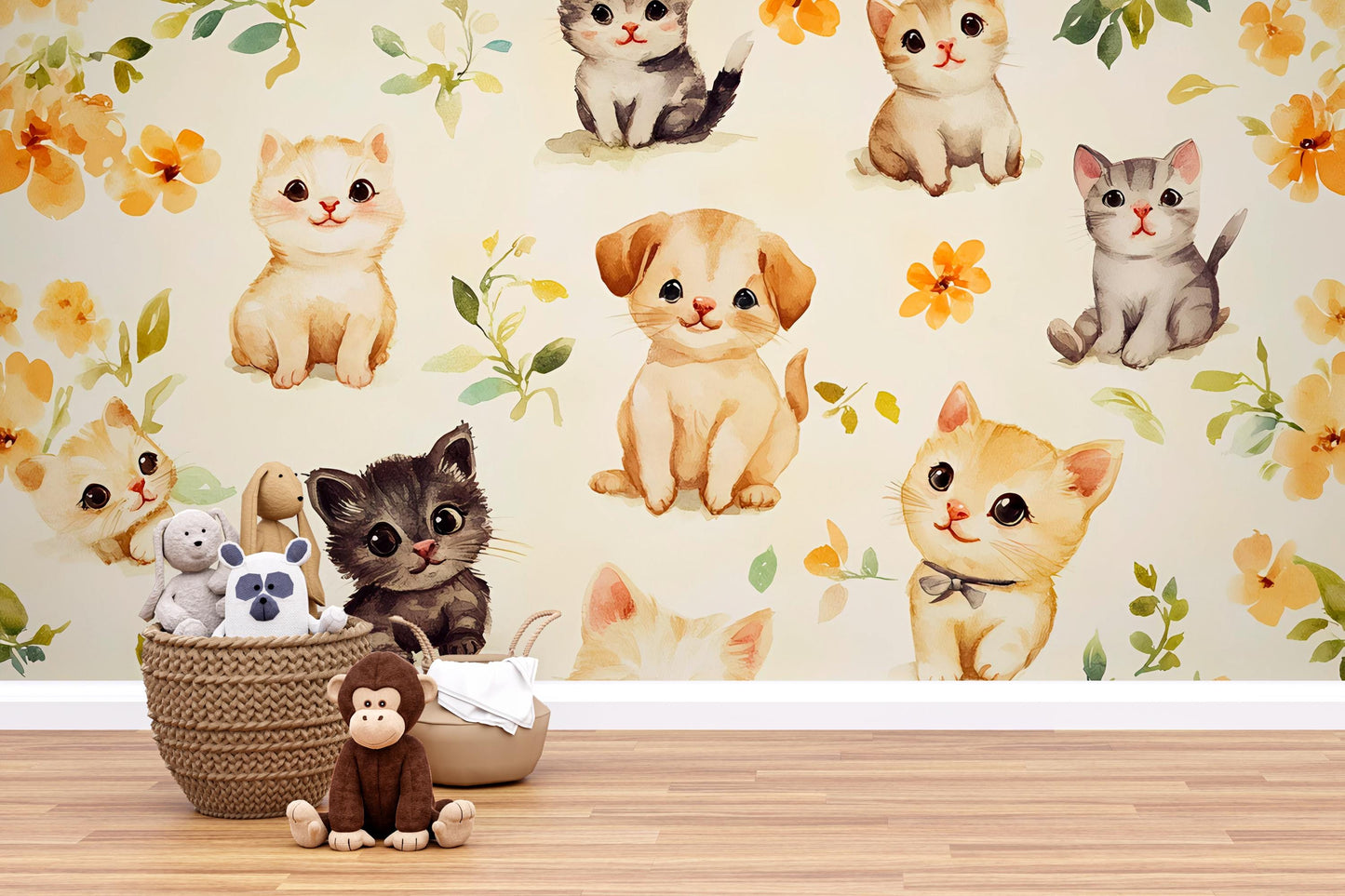 Cute Kitten Puppy Nursery Wallpaper – Watercolor Animal Wall Mural for Baby Room Vn319
