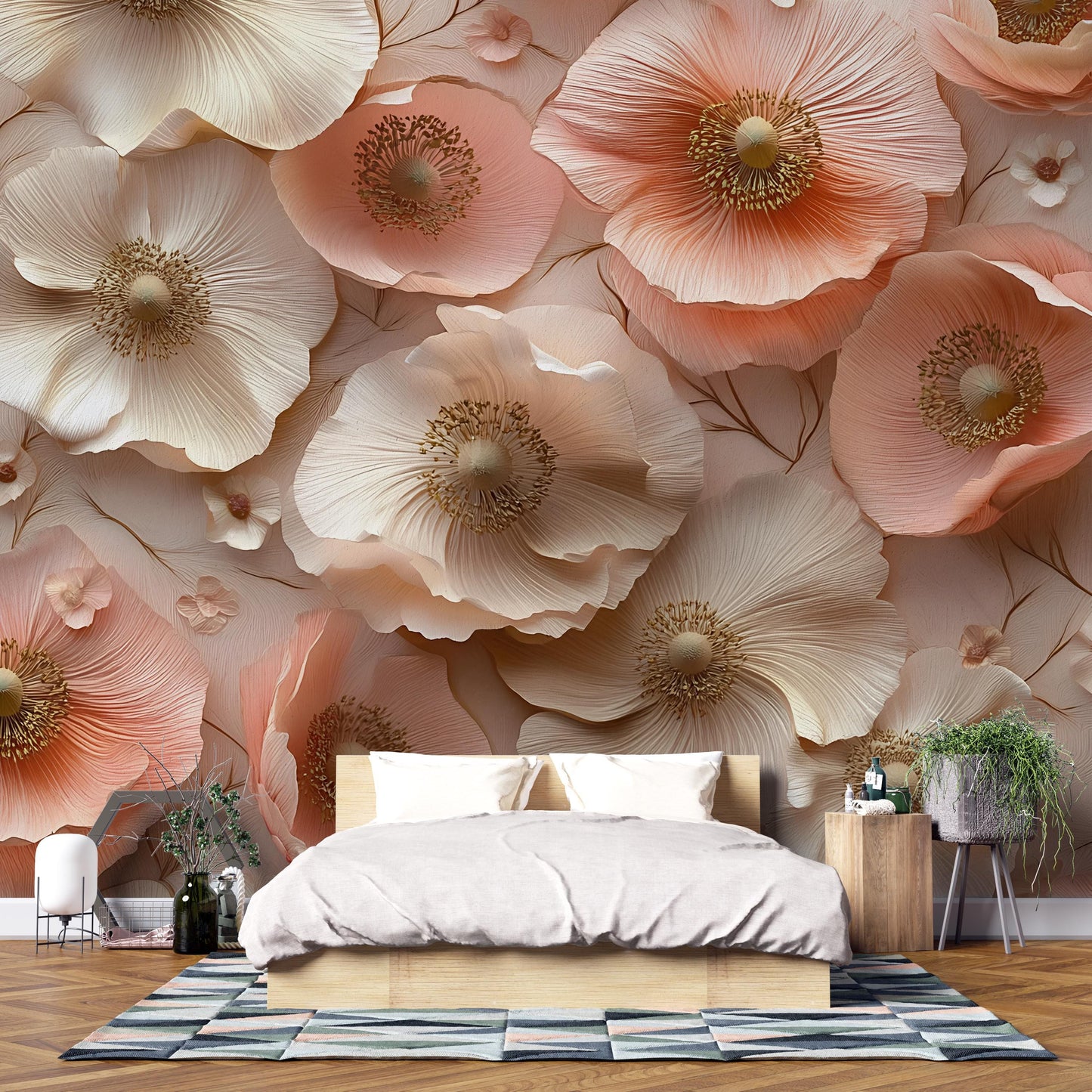 3D Floral Wall Mural for Bedroom – Peach Cream Poppy Flower Wallpaper – Elegant Large Flower Accent Wall Art Vn326
