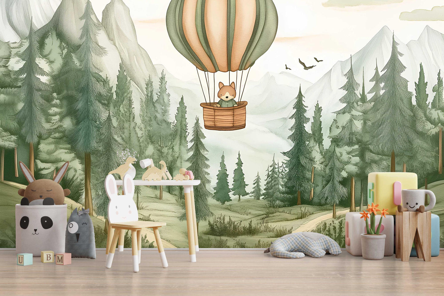 Whimsical Forest Hot Air Balloon Wall Mural – Woodland Animal Nursery Wallpaper – Cute Scenic Kids Room Décor Vn445