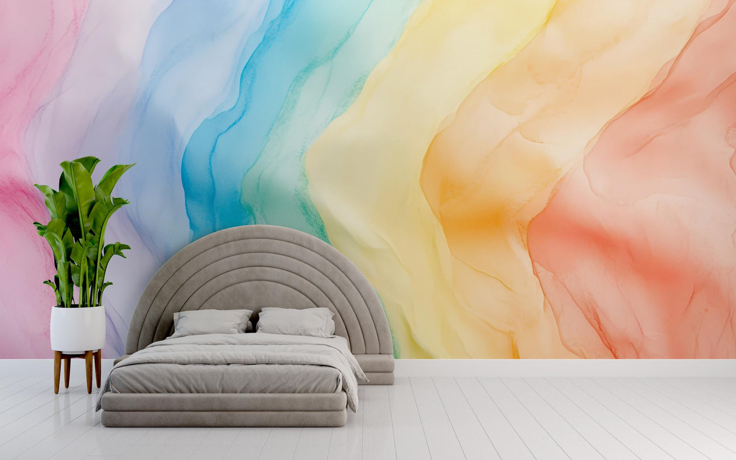 Rainbow Watercolor Wall Mural – Modern Abstract Gradient Wallpaper for Bedroom Accent Wall, Sloped Ceiling Design Art Vn398