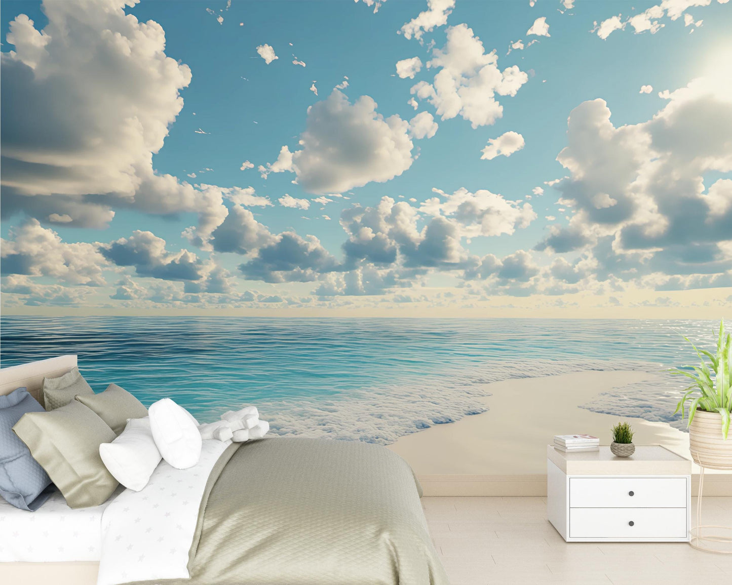 Ocean View Wall Mural for Bedroom – Coastal Seascape Accent Wall Art – Serene Blue Sky Beach Wallpaper Vn283