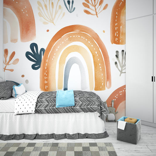 Boho Rainbow Wall Mural | Watercolor Arch Wallpaper | Kids Room Decor | Modern Boho Nursery Wall Art | Removable Peel & Stick Vn396