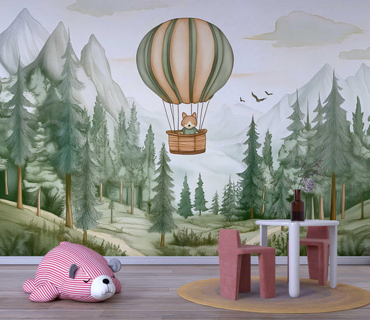 Whimsical Forest Hot Air Balloon Wall Mural – Woodland Animal Nursery Wallpaper – Cute Scenic Kids Room Décor Vn445