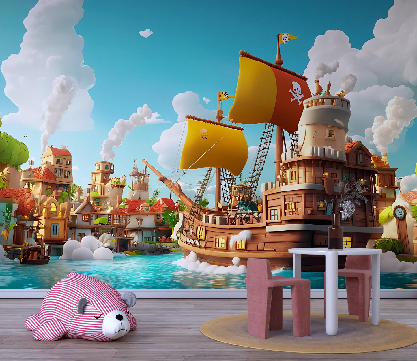 Pirate Ship Nursery Wall Mural, Ocean Adventure Wallpaper, Kids Pirate Room Decor Vn 304