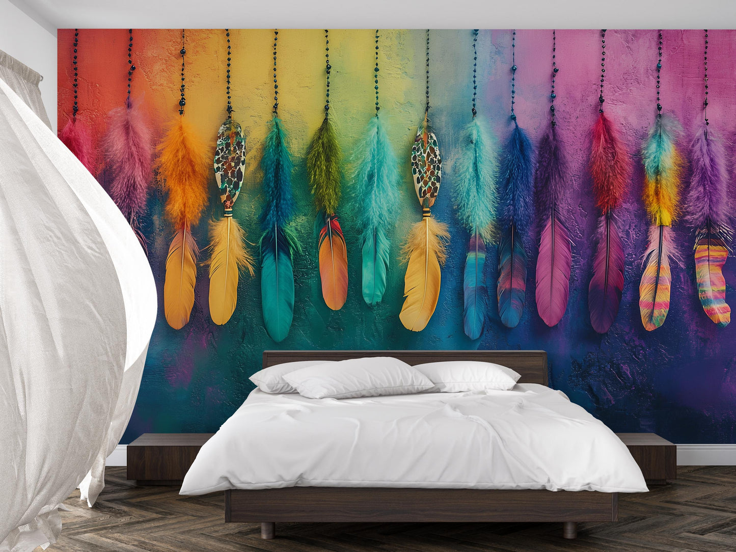 Boho Rainbow Feather Wall Mural | Colorful Feather Art Wallpaper | Vibrant Bedroom Decor | Dreamcatcher-Inspired Accent Wall Vn391
