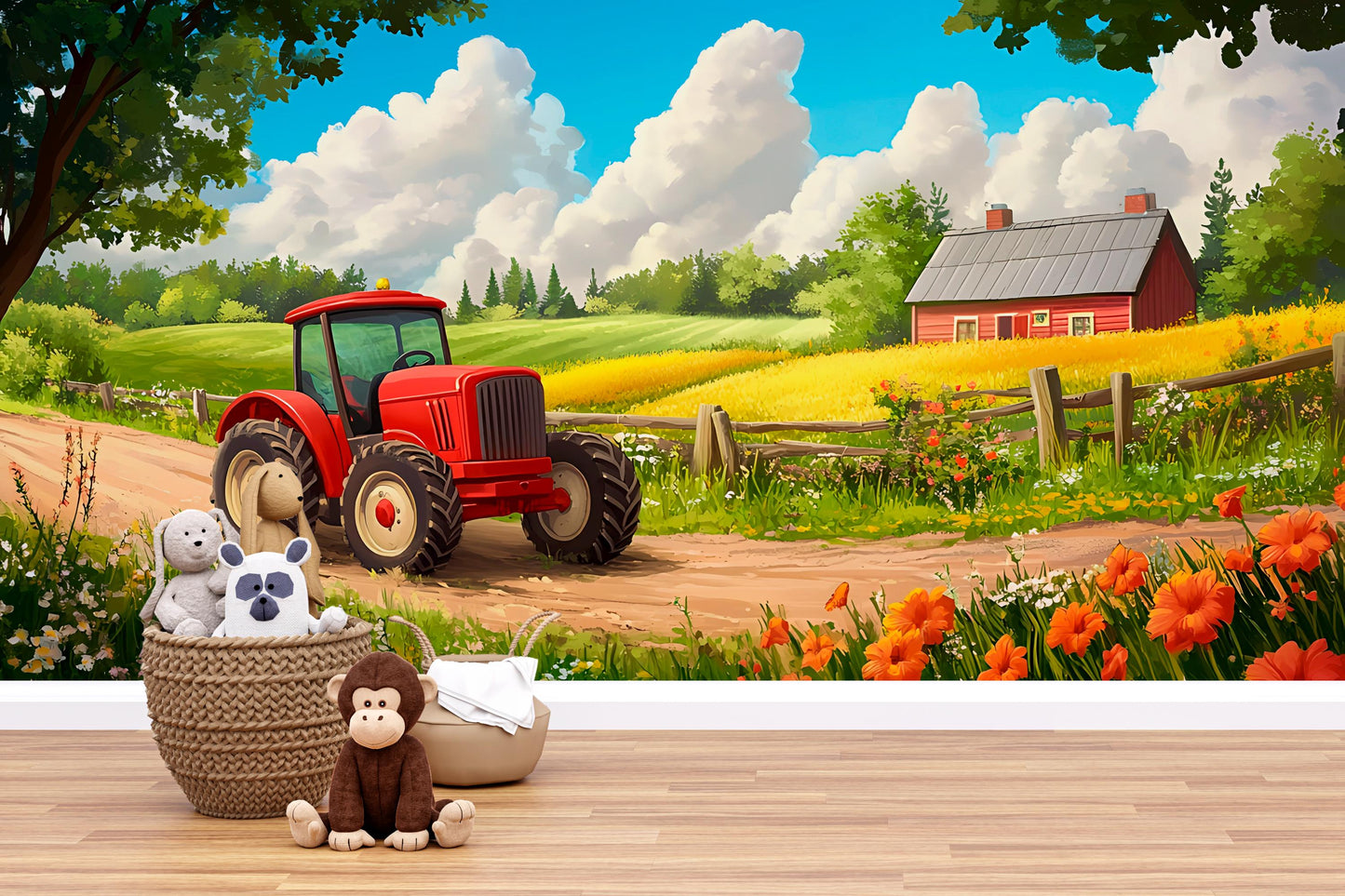 Farm Tractor Wall Mural for Kids Room – Red Tractor & Countryside Scene Vn312