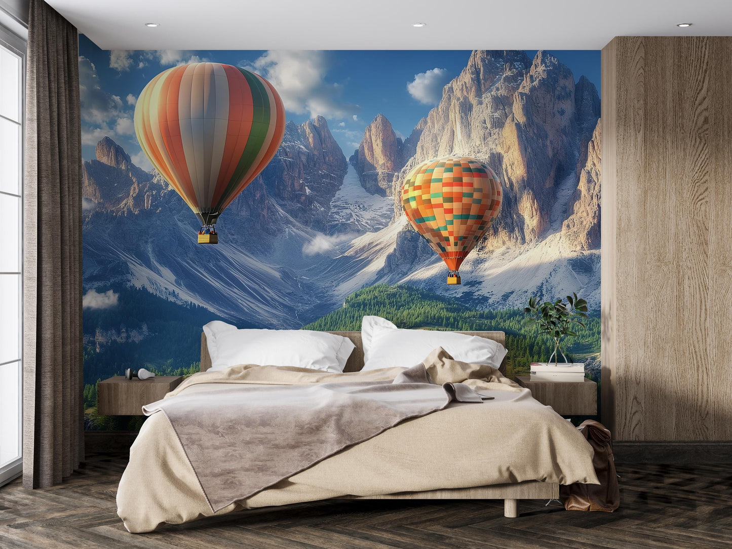 Hot Air Balloon Mountain Wall Mural – Scenic Nature Wallpaper for Kids Bedroom, Nursery, or Playroom – Removable Vinyl Art Vn381