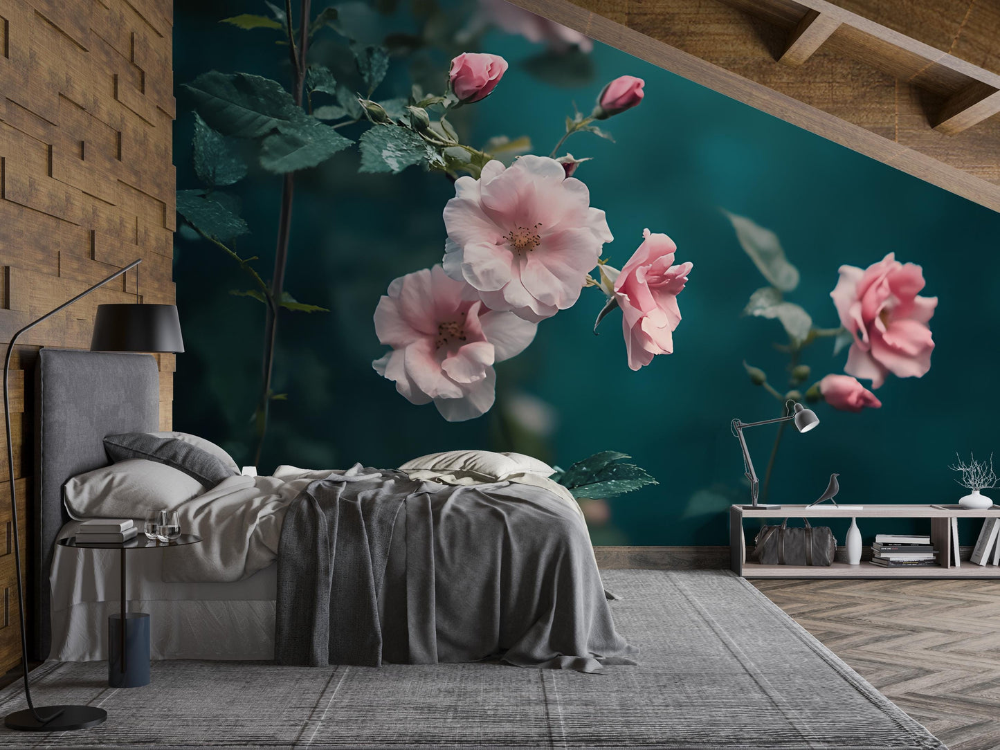 Romantic Pink Rose Wall Mural for Bedroom – Floral Nature Wallpaper Art – Large Botanical Accent Wall Decor Vn211