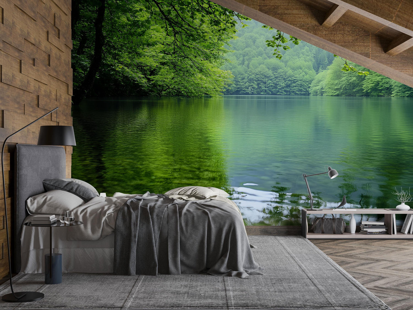 Forest Lake Wall Mural | Tranquil Nature Scene Wallpaper | Bedroom Feature Wall Decor | Green Landscape Lake View Photo Mural Vn686