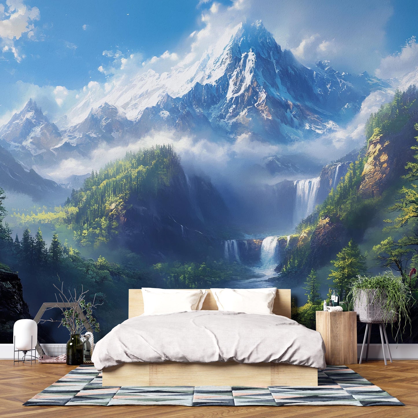 Mountain View Wall Mural | Scenic Nature Bedroom Wallpaper | Snowy Peak Forest Landscape | Large Photo Wall Art Decor Vn251