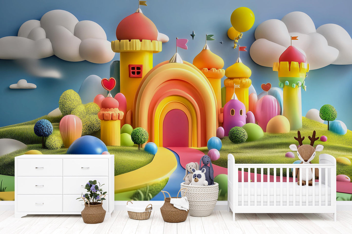 Colorful Fantasy Castle Nursery Wall Art | Whimsical Baby Room Mural | Rainbow Fairy Tale Print for Kids Room | Digital Download Vn331