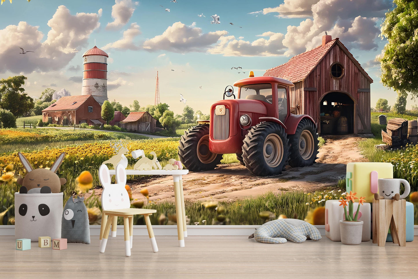 Farm Tractor Wall Mural – Kids Room Decor, Barn & Field Theme Wallpaper, Country Nursery Art, Red Tractor Mural Backdrop Vn313