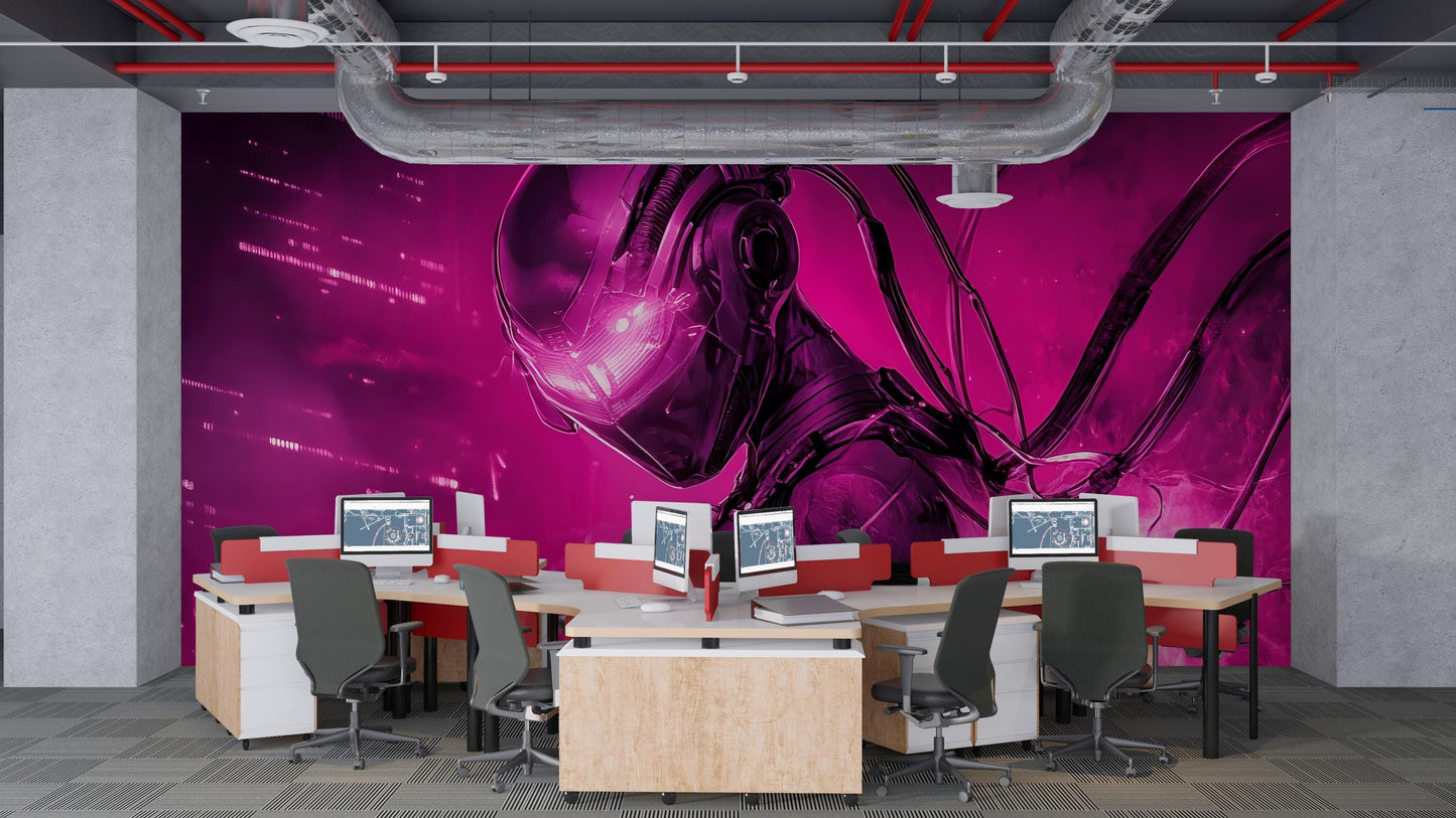 Cyberpunk AI Wall Mural – Futuristic Office Art, Sci-Fi Robot Decor, Neon Purple Tech Wall Poster Vn199