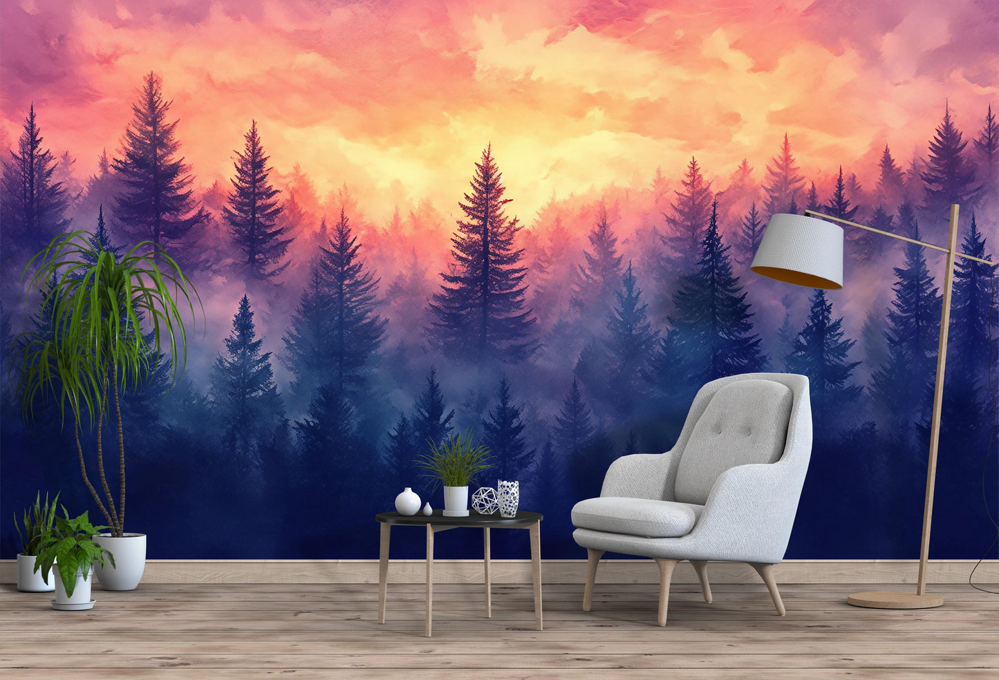 Pink Sunset Forest Wall Mural – Misty Pine Trees Wallpaper – Dreamy Nature Landscape Art for Living Room Vn249
