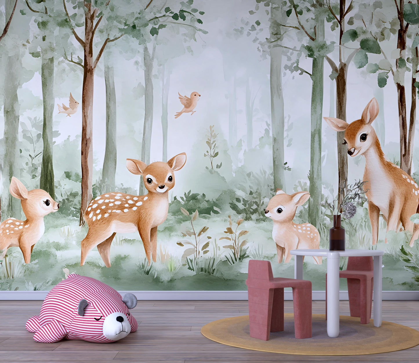 Forest Animal Nursery Wall Mural – Woodland Deer Wallpaper – Baby Room Decor – Removable Kids Wall Art – Gender Neutral Nursery Vn 297