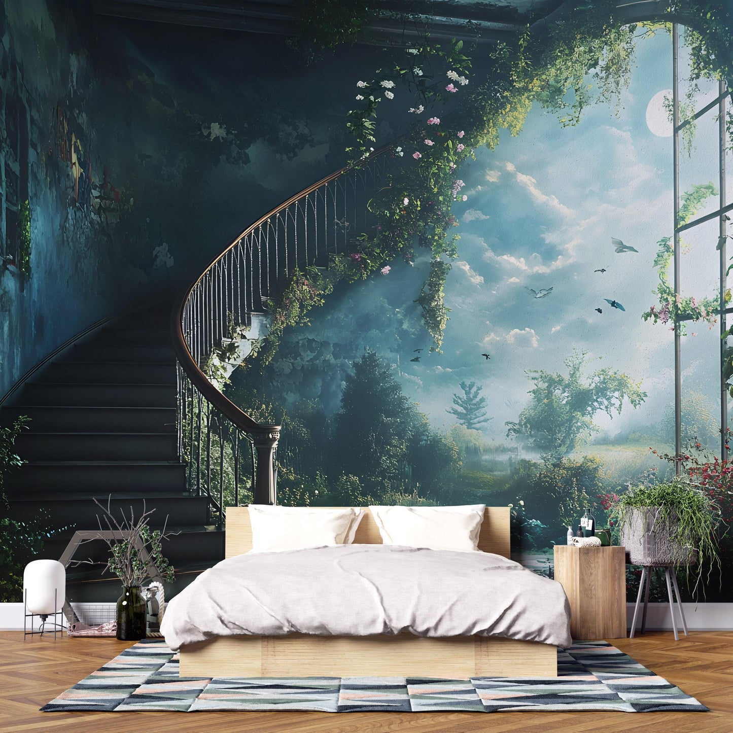 Mystical Staircase Forest Wall Mural – Dreamy Nature Fantasy Bedroom Wallpaper Vn475