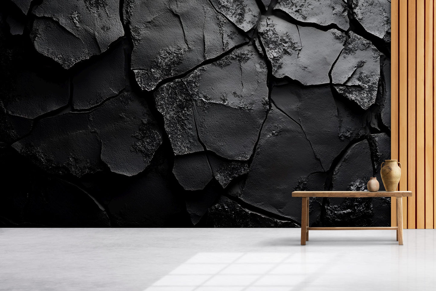 Modern Cracked Black Wall Mural | Textured Abstract Wallpaper | Luxury 3D Look Accent Wall Art for Living Room or Office Vn244