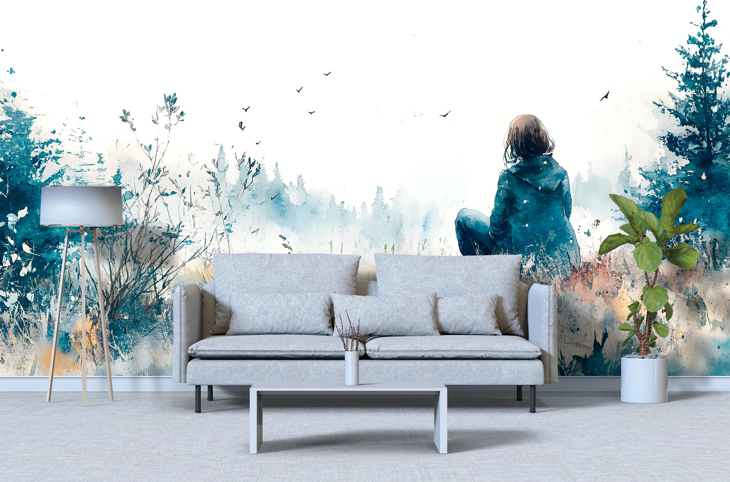 Watercolor Forest Wall Mural – Girl in Nature Art – Serene Blue Landscape Wall Art for Living Room Vn349