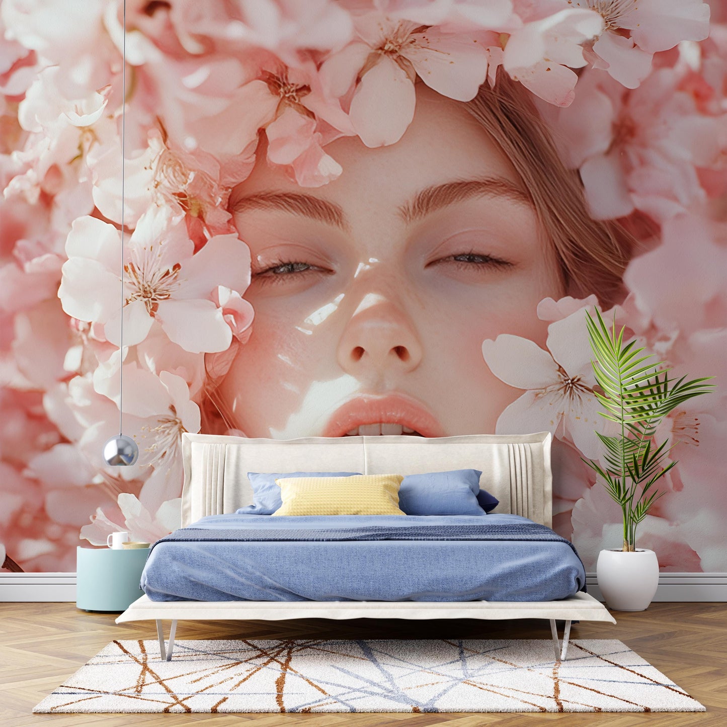 Floral Face Art Print | Pink Blossom Portrait Wall Mural | Feminine Spring Decor for Living Room | Boho Botanical Photo Poster Vn170