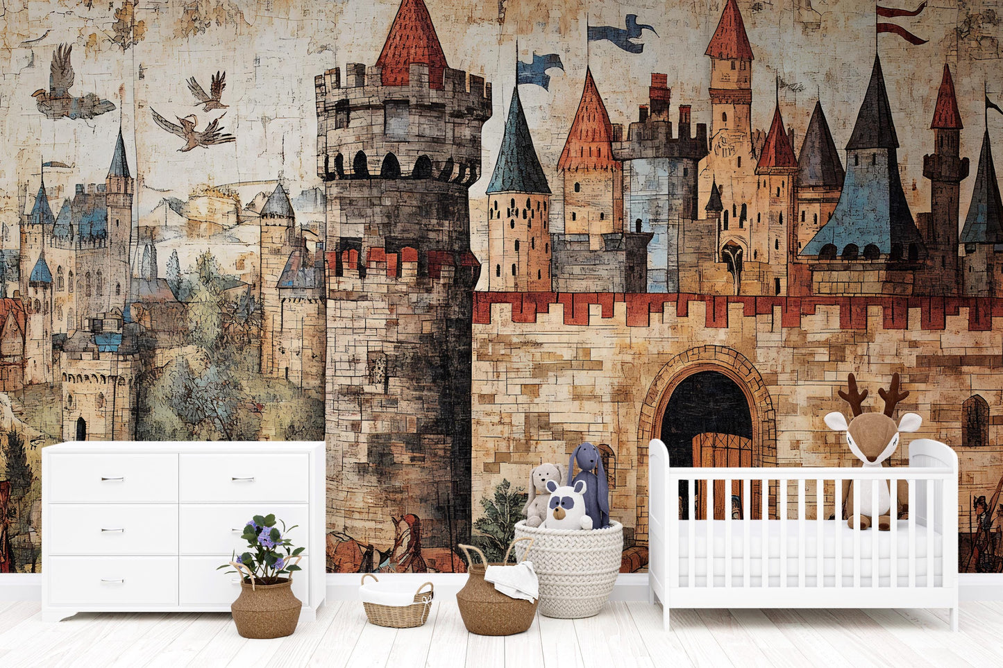Medieval Castle Wall Mural for Kids Room – Fantasy Fairytale Tapestry Wallpaper – Boys & Girls Nursery Decor – Removable Wall Art Vn186