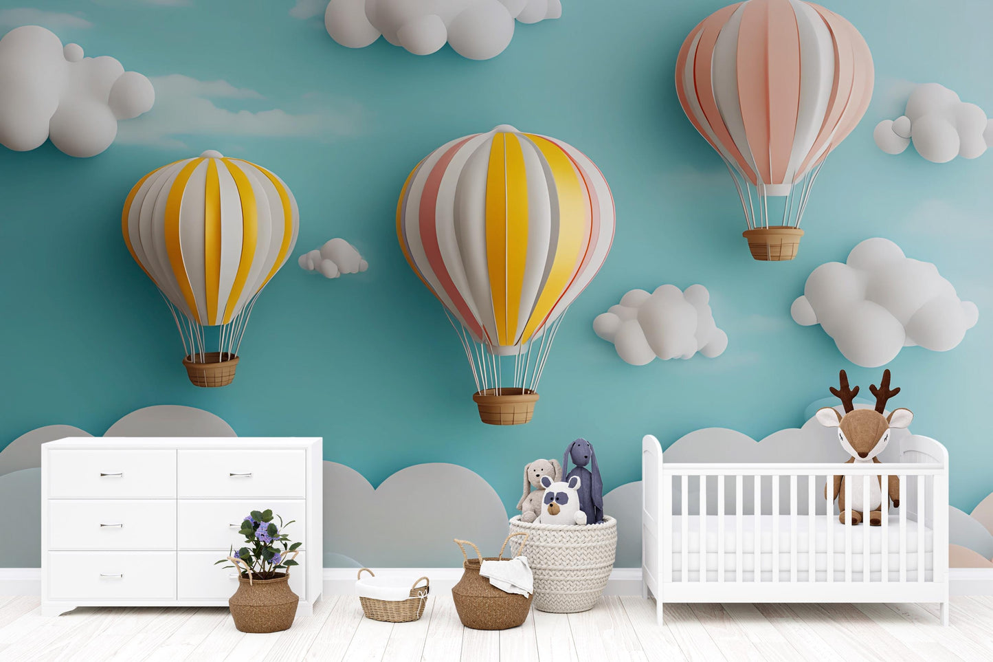 Whimsical Hot Air Balloon Nursery Wall Mural | 3D Cloud Kids Room Decor | Colorful Baby Room Wallpaper | Playroom Backdrop Art Print Vn379