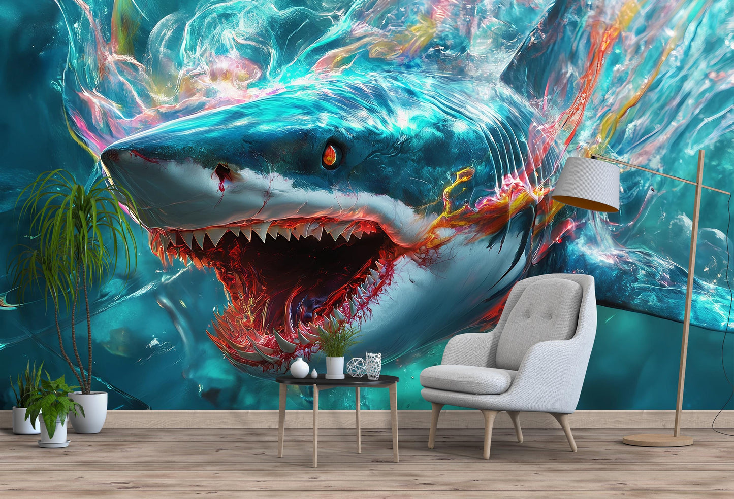Fierce Shark Wall Mural – 3D Abstract Ocean Art Wallpaper for Living Room, Underwater Creature Decor, Bold Fantasy Wall Art  Vn384