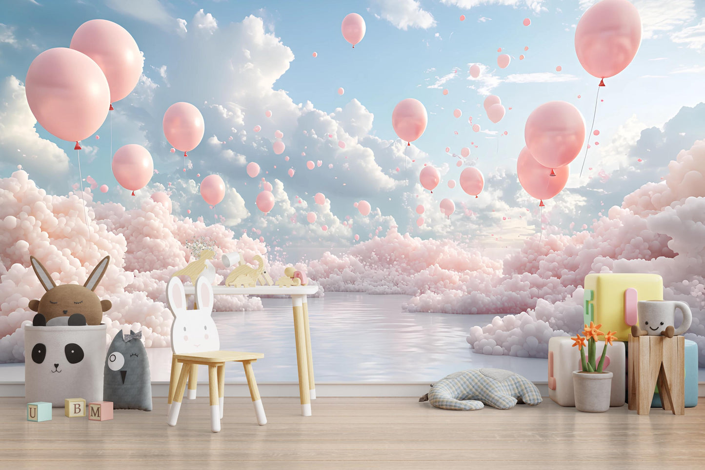 Pink Balloon Cloud Nursery Wall Mural – Dreamy Sky Baby Room Wallpaper Vn256
