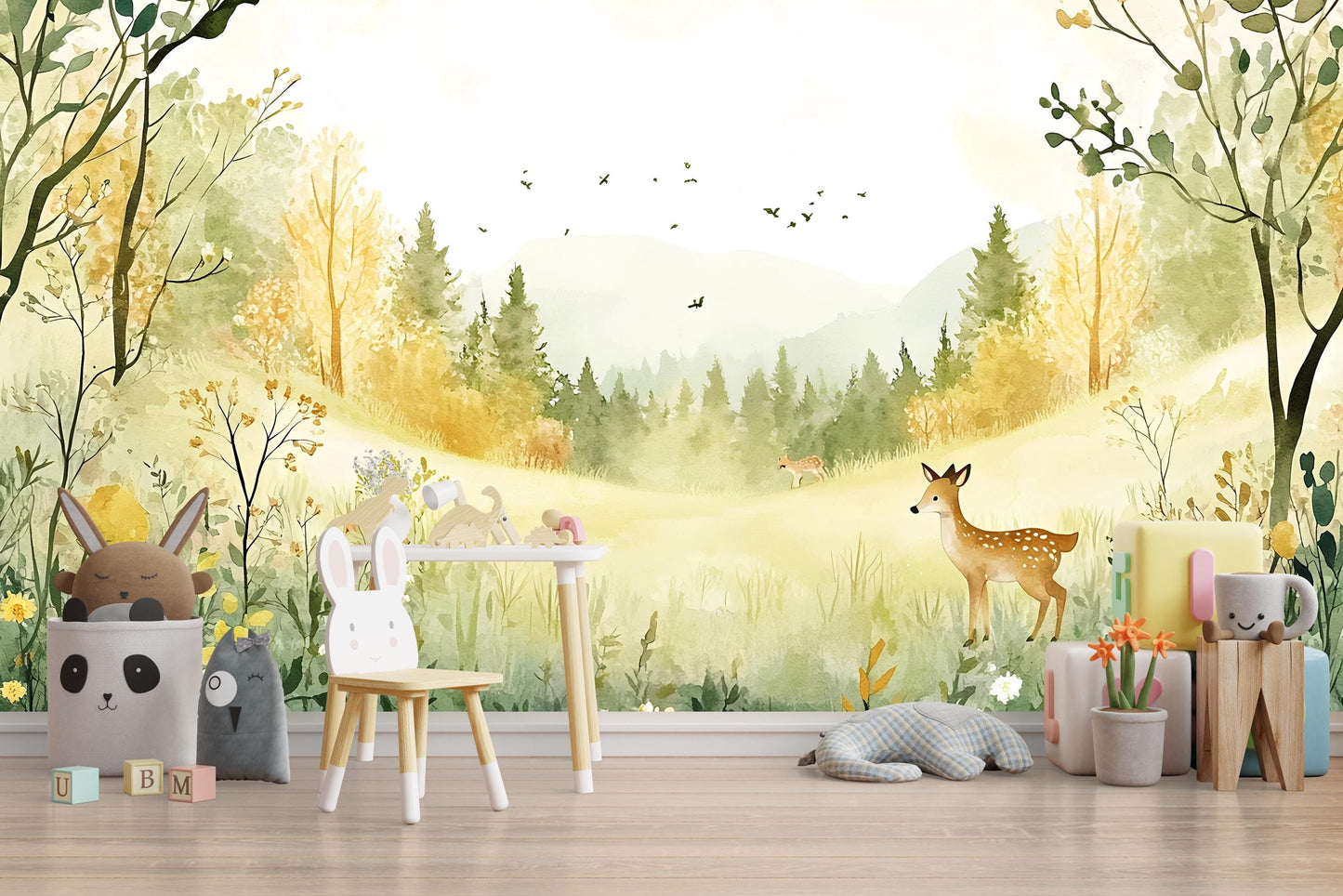Woodland Forest Nursery Wall Mural – Nature Themed Wallpaper for Baby Room, Gender Neutral Scenic Wall Art Vn261