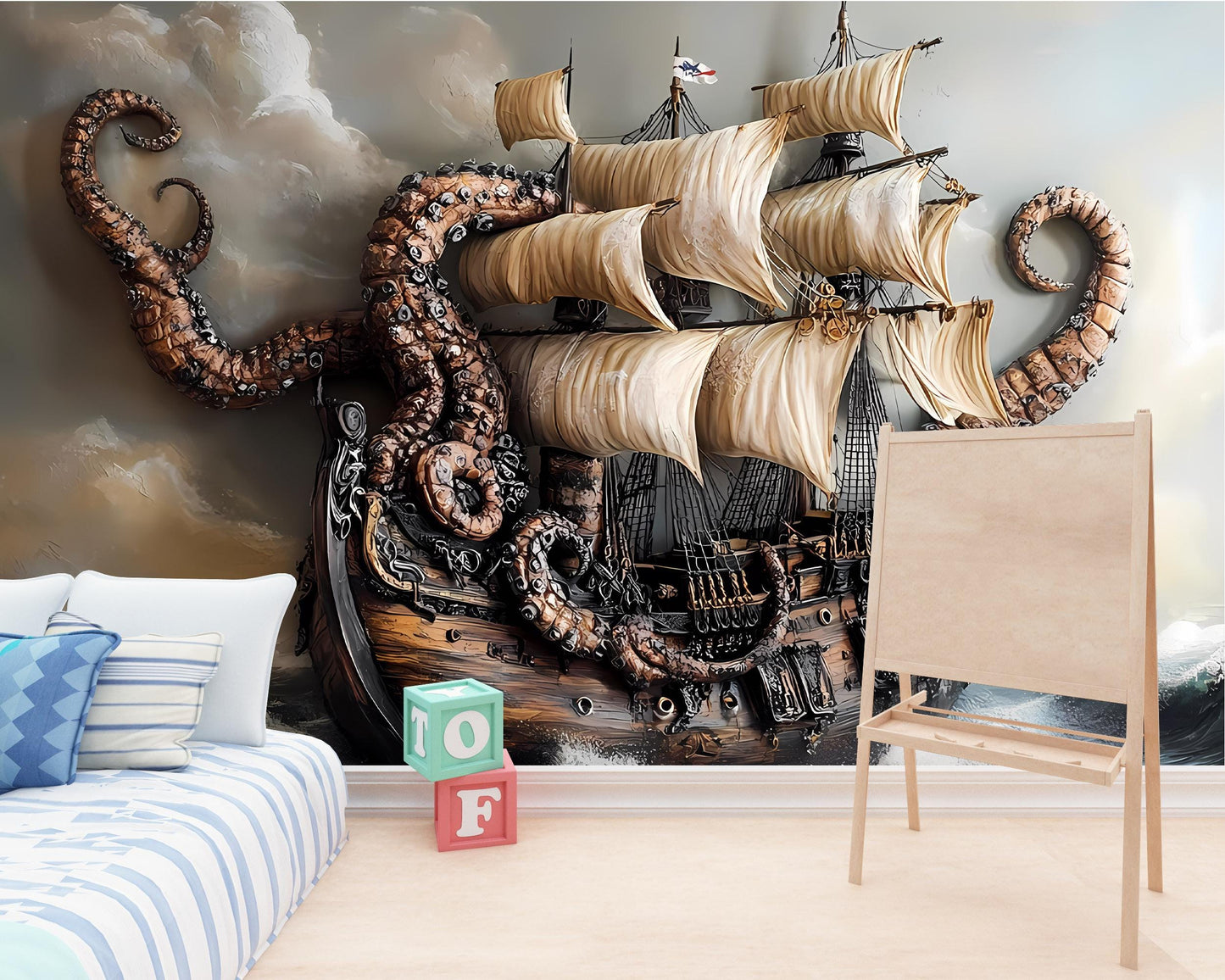 Kraken Ship Wall Mural | Nautical Pirate Bedroom Decor | Giant Octopus Sea Battle Art Print Vn073