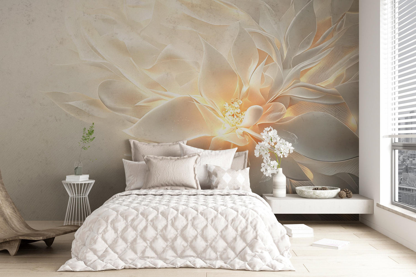 Floral Wall Mural Bedroom Decor – Soft Neutral Flower Wallpaper for Modern Interior, Elegant Wall Art for Bedroom or Living Room Vn266