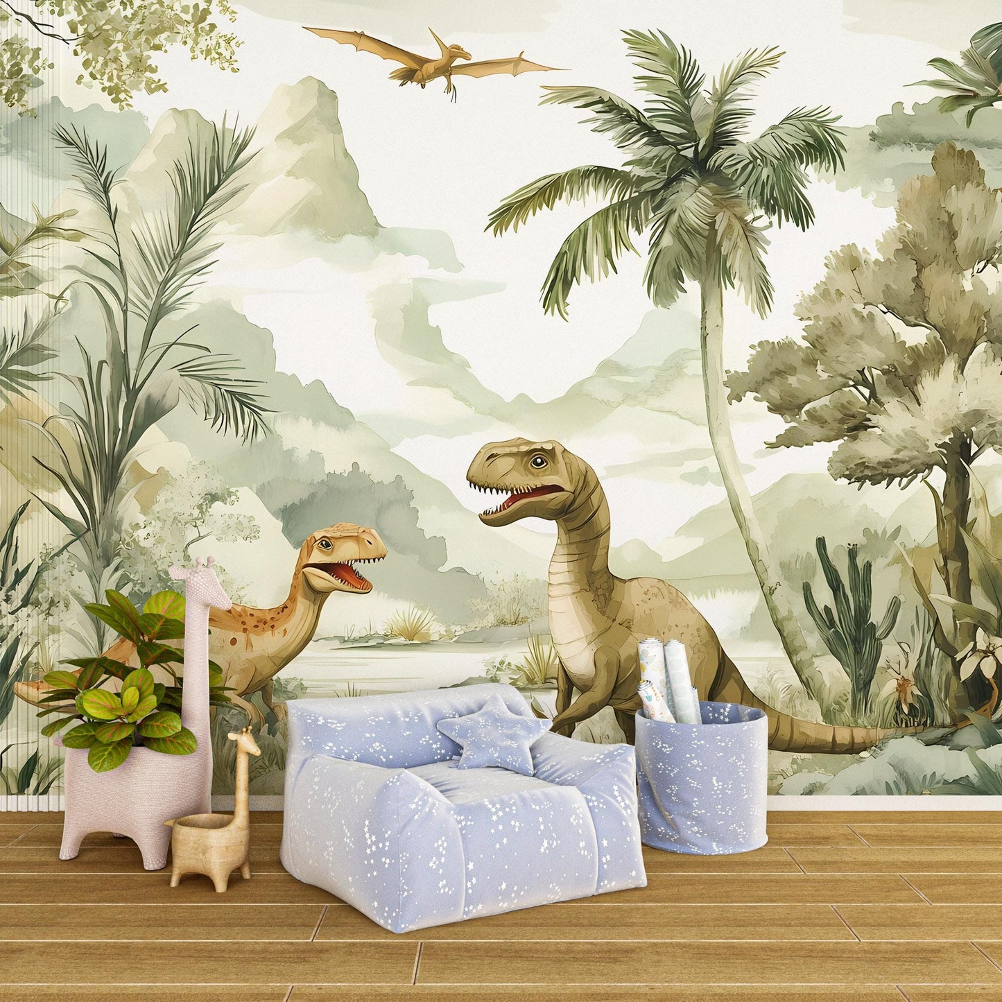 Dinosaur Jungle Wallpaper Mural for Kids Room – Boys Bedroom Decor with T-Rex & Raptor – Wall Art Vn005