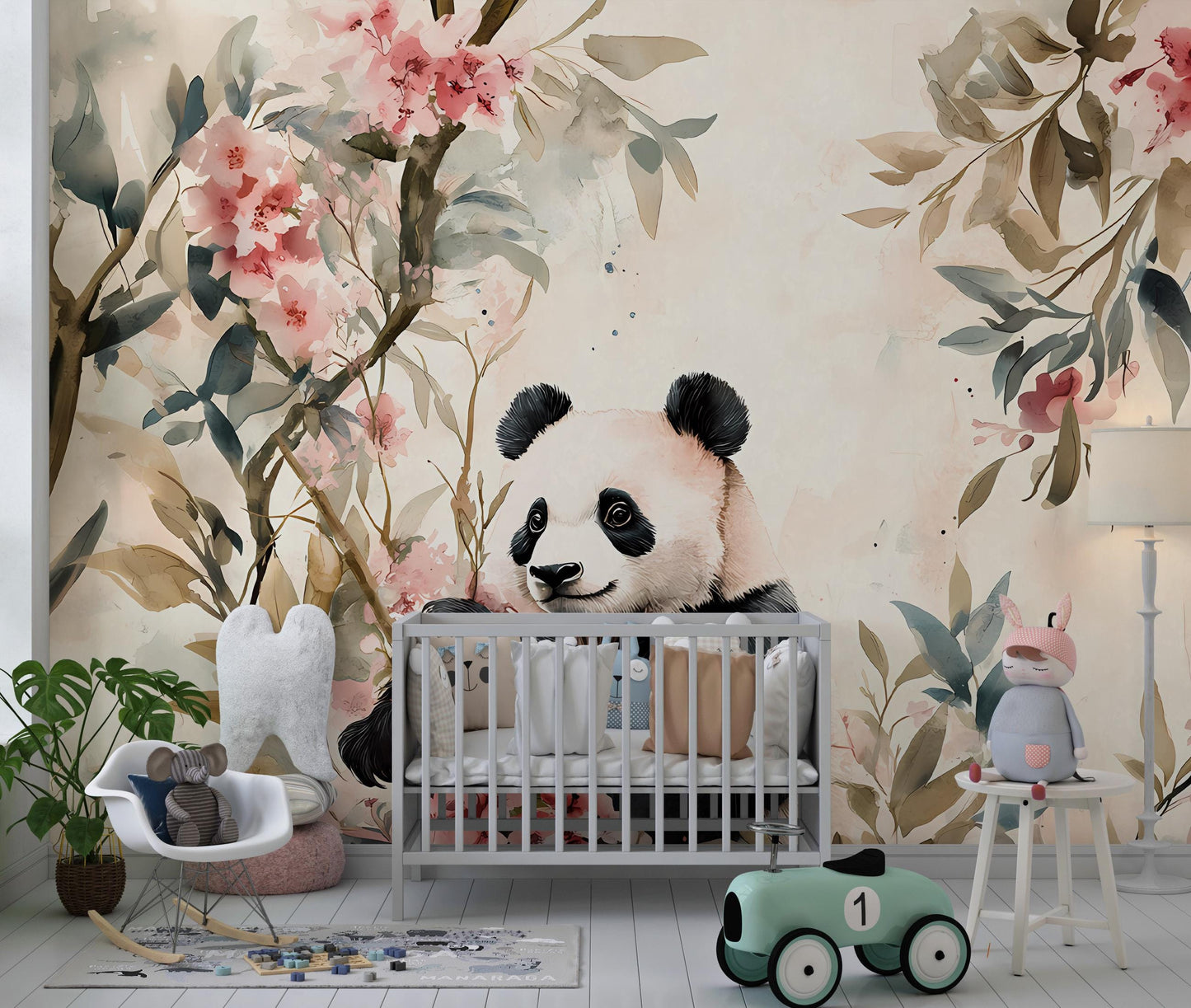 Panda Wall Mural for Nursery – Floral Jungle Panda Wallpaper – Baby Girl Room Decor – Removable Animal Mural Vn108