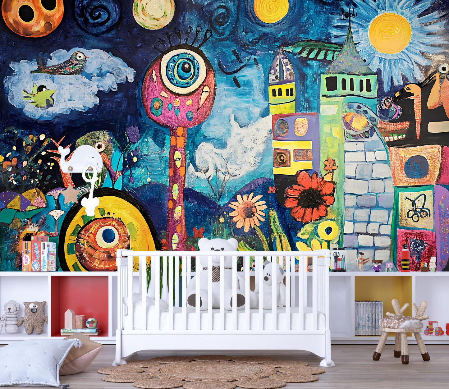 Whimsical Nursery Wall Mural | Colorful Abstract Baby Room Art | Dreamy Fantasy Animal Castle Jungle Decor Vn413