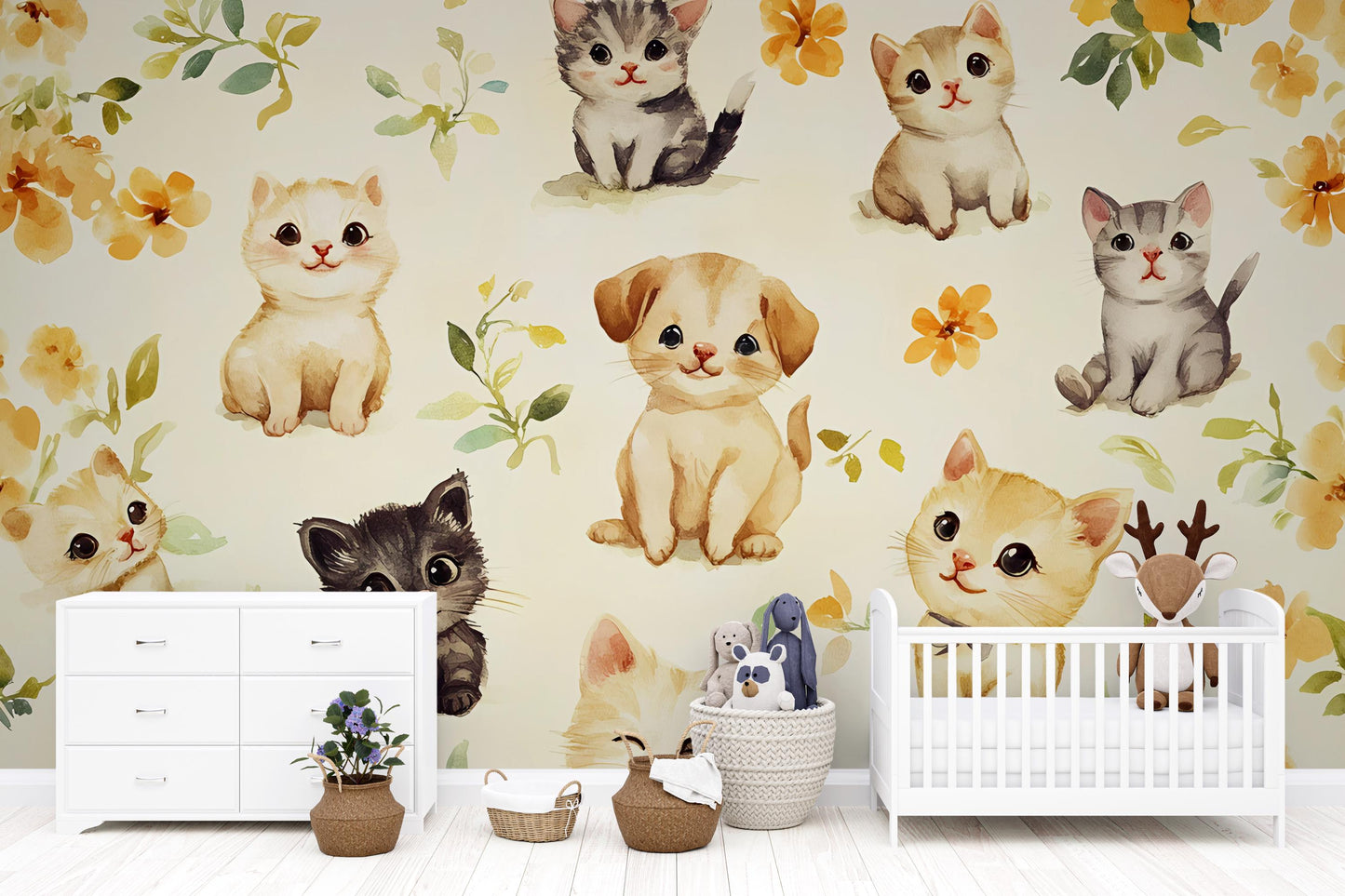 Cute Kitten Puppy Nursery Wallpaper – Watercolor Animal Wall Mural for Baby Room Vn319