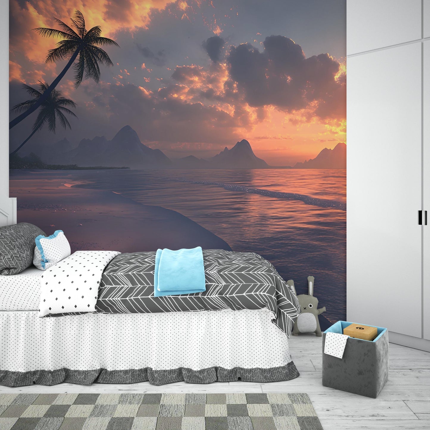 Sunset Ocean Wall Mural – Serene Coastal Bedroom Decor, Tropical Seascape Wallpaper, Ocean Sunset Mural Art Vn288