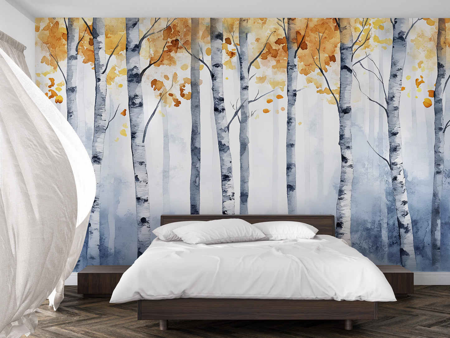 Birch Forest Wall Mural – Autumn Tree Wallpaper – Scandinavian Nature Art for Bedroom or Living Room – Cozy Rustic Wall Décor Vn486