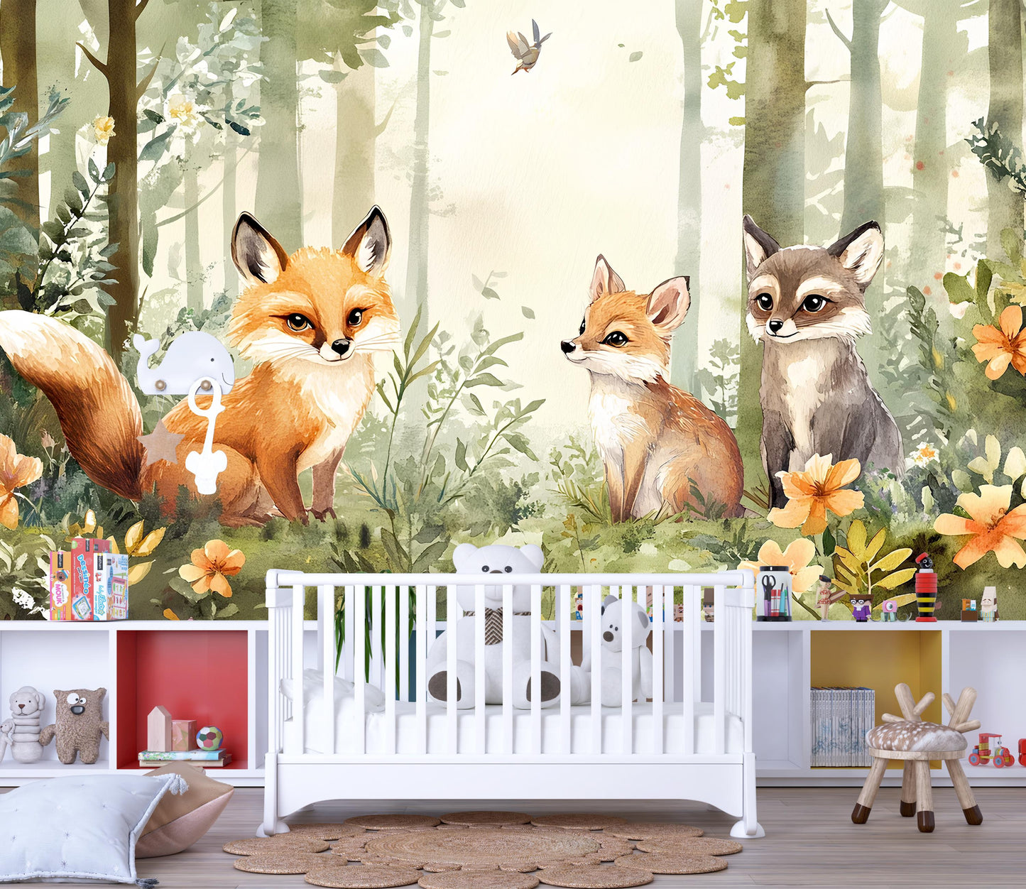 Woodland Forest Animal Nursery Wall Mural – Fox & Raccoon Wallpaper – Baby Room Decor – Gender Neutral Jungle Vn343