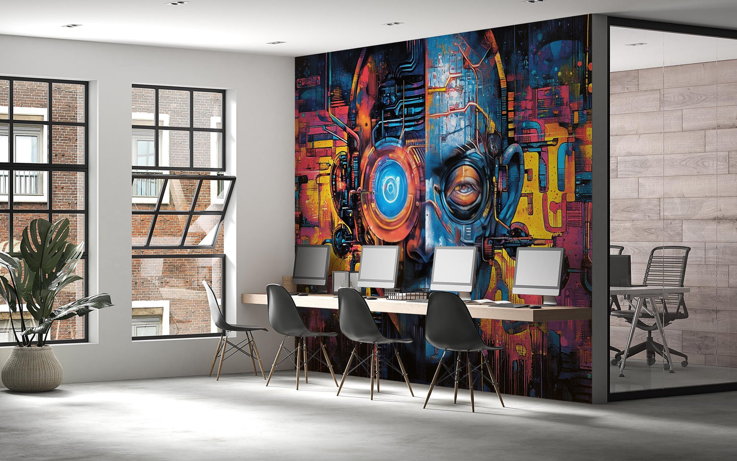 Cyberpunk AI Wall Mural – Futuristic Office Art, Sci-Fi Robot Face Design Vn203