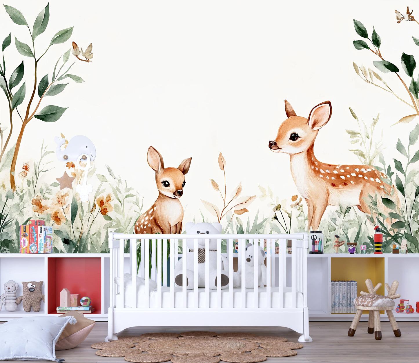 Whimsical Deer Wall Mural for Nursery – Woodland Baby Room Décor – Removable Vinyl Sticker – Forest Animal Vn340