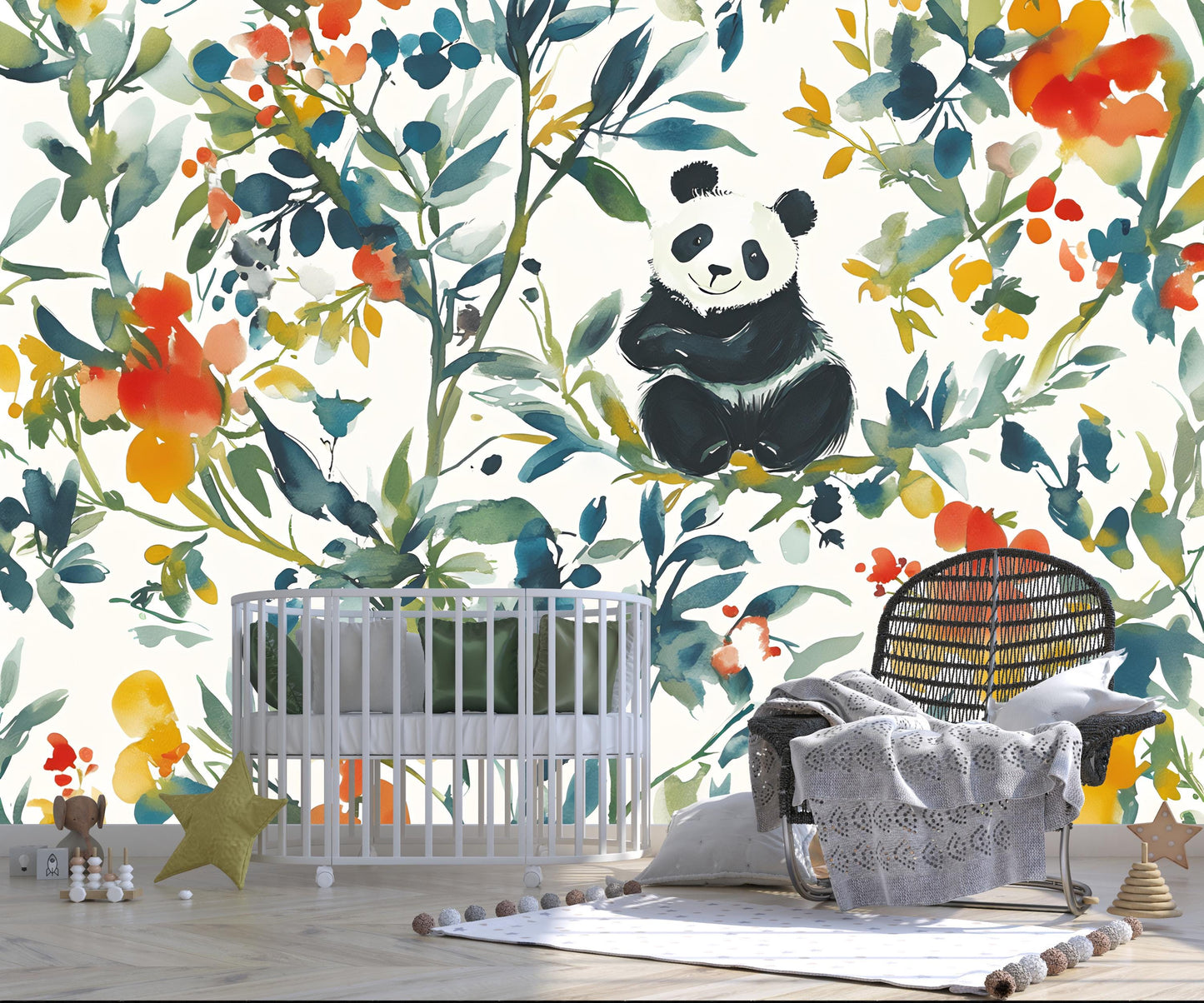 Panda Wall Mural Watercolor Nursery | Jungle Animal Wallpaper | Kids Room Botanical Panda Decor | Removable Peel Stick Wallpaper Vn109